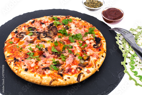 Pizza prosciutto with mushrooms and ham