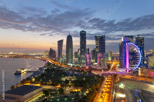 Qatar, Middle East, Arabian Peninsula, Doha, new skyline of the West Bay central financial district of Doha photo