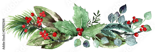 Watercolor Scandinavian Christmas Composition. Hand drawn winter decoration. Magnolia leaves, rosemary branch, spruce, eucalyptus, holly and pinecones bouquet.