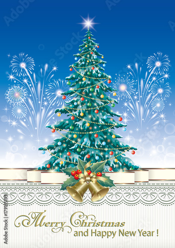 Christmas tree on the background of fireworks