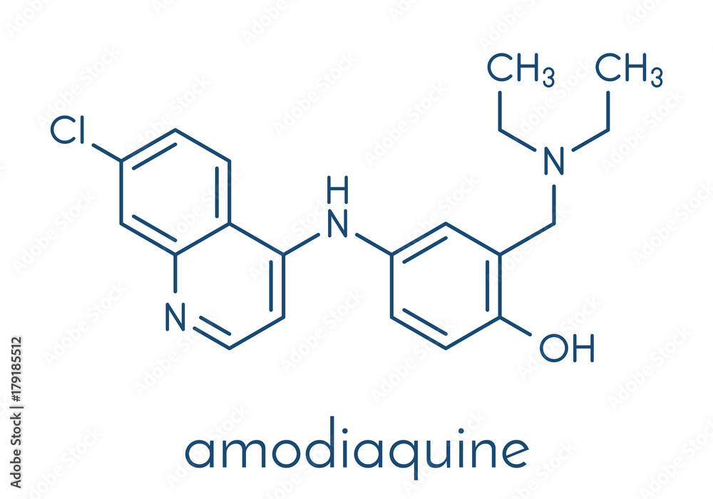 Amodiaquine anti-malarial drug molecule. Skeletal formula. Amodiaquine anti-malarial drug molecule. Skeletal formula.