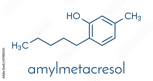 Amylmetacresol antiseptic drug molecule. Used in lozenges to treat sore throat. Skeletal formula.