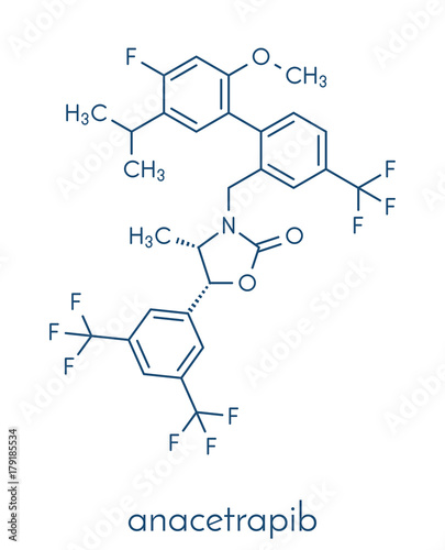Anacetrapib hypercholesterolemia drug molecule. CETP (cholesterylester transfer protein) inhibitor for the treatment of elevated cholesterol levels. Skeletal formula.