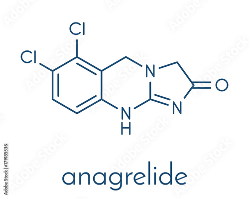 Anagrelide essential thrombocytosis drug molecule. Skeletal formula.