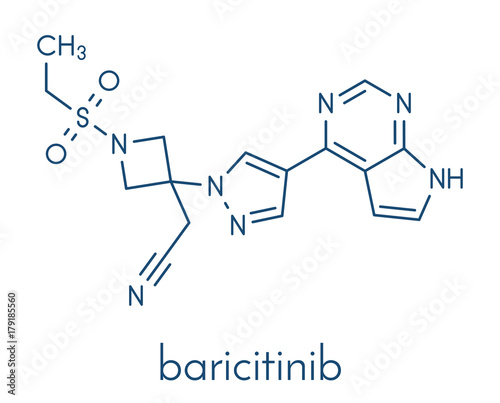 Baricitinib janus kinase (JAK1 & JAK2) inhibitor drug molecule. Under development for treatment of rheumatoid arthritis, psoriasis, etc. Skeletal formula.