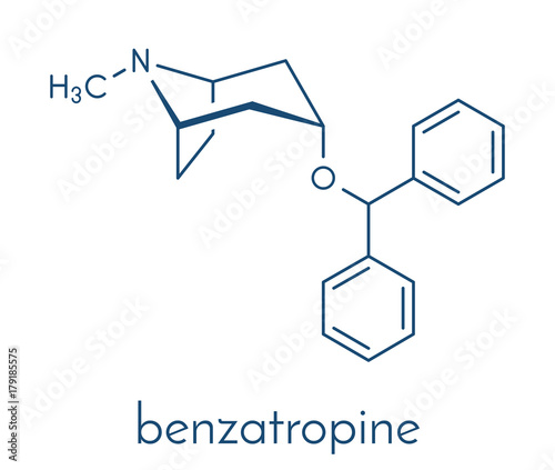 Benzatropine (benztropine) anticholinergic drug molecule. Used in treatment of Parkinson's disease and Parkinsonism. Skeletal formula.