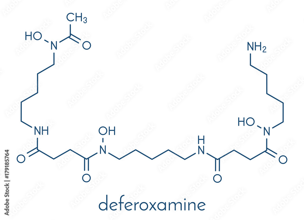 Deferoxamine drug molecule. Used to treat iron poisoning (hemochromatosis). Skeletal formula. Deferoxamine drug molecule. Used to treat iron poisoning (hemochromatosis). Skeletal formula.