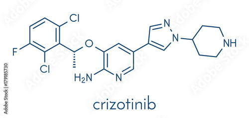 Crizotinib anti-cancer drug molecule. Inhibitor of ALK and ROS1 proteins. Skeletal formula.