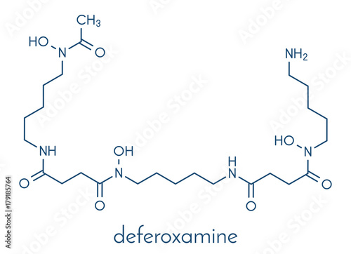 Deferoxamine drug molecule. Used to treat iron poisoning (hemochromatosis). Skeletal formula.