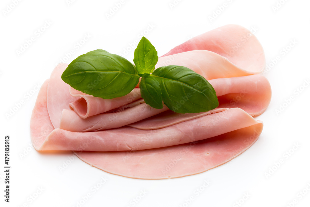 Sliced boiled ham sausage isolated on white background, top view. Sliced boiled ham sausage isolated on white background, top view.