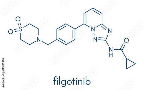 Filgotinib anti-inflammatory drug molecule. Janus kinase 1 inhibitor used in treatment of rheumatoid arthritis and Crohn's disease. Skeletal formula.