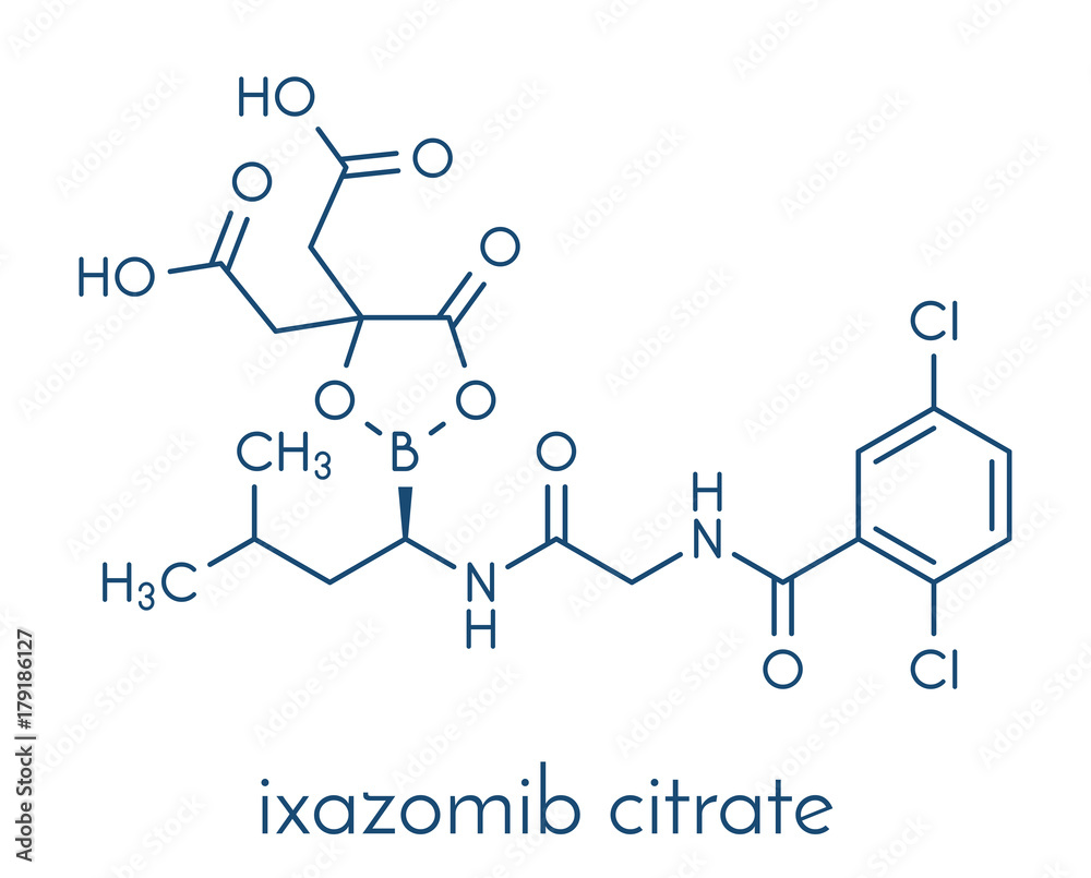 Ixazomib citrate multiple myeloma drug molecule (proteasome inhibitor). Skeletal formula.