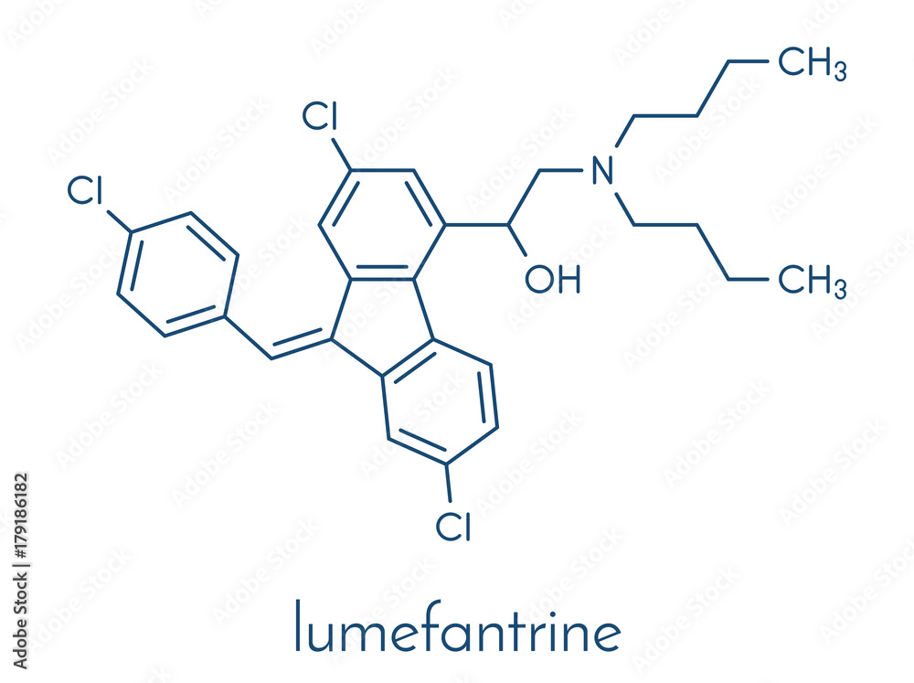 Lumefantrine (benflumetol) antimalarial drug molecule. Skeletal formula. Lumefantrine (benflumetol) antimalarial drug molecule. Skeletal formula.