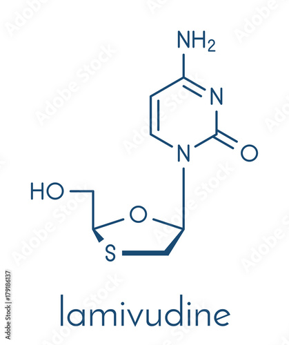 Lamivudine (3TC) antiviral drug molecule. Used in treatment of HIV and hepatitis B virus. Skeletal formula.