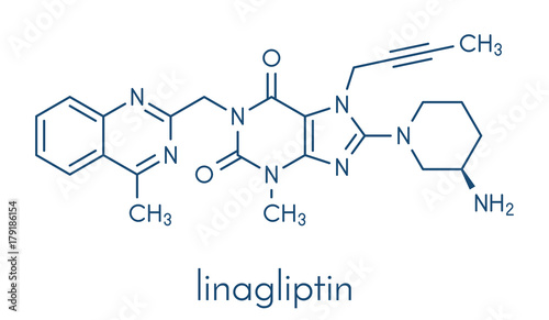 Linagliptin diabetes drug molecule (dipeptidyl peptidase 4 or DPP4 inhibitor). Skeletal formula. photo