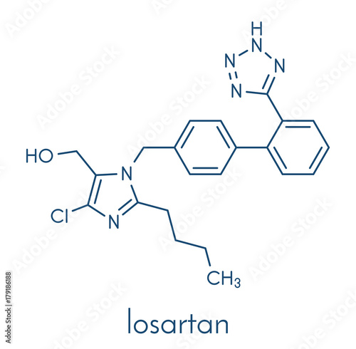 Losartan hypertension drug molecule.  Skeletal formula.