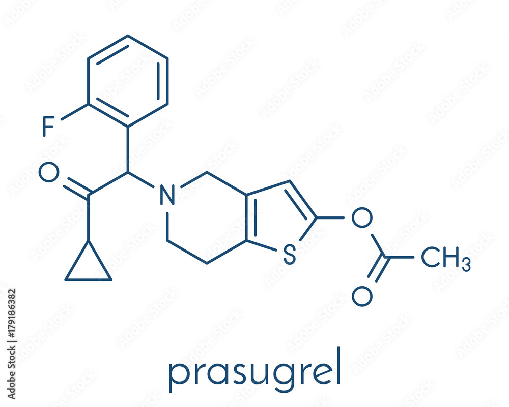 Prasugrel platelet inhibitor drug molecule. Used in treatment of acute coronary syndrome and in the prevention of stent thrombosis. Skeletal formula.