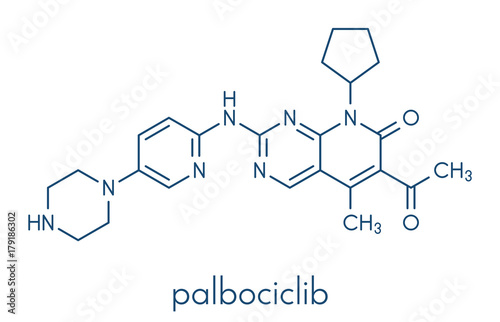 Palbociclib breast cancer drug molecule (CDK4 and CDK6 inhibitor). Skeletal formula.
