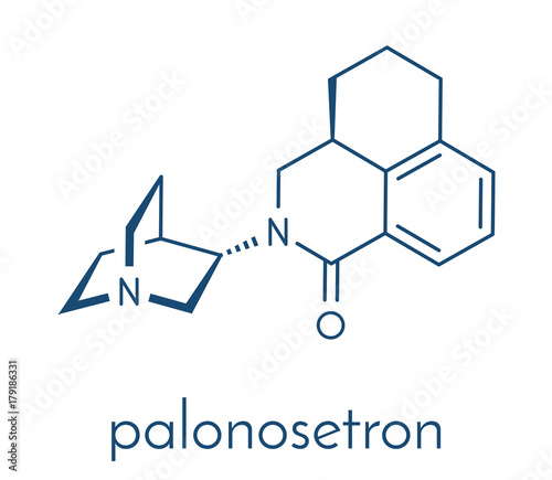 Palonosetron nausea and vomiting drug molecule. 5-HT3 inhibitor used to treat chemotherapy-induced nausea and vomiting (CINV). Skeletal formula.