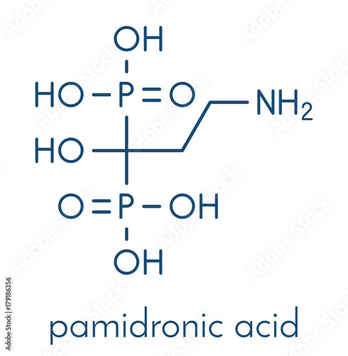 Pamidronic acid (pamidronate) osteoporosis drug molecule (bisphosphonate class). Skeletal formula.