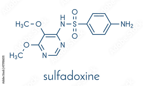 Sulfadoxine malaria drug molecule (sulfonamide class). Skeletal formula.