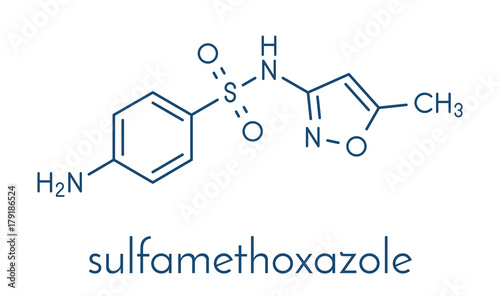 Sulfamethoxazole antibiotic drug molecule (sulfonamide class). Commonly used to treat urinary tract infections. Skeletal formula.