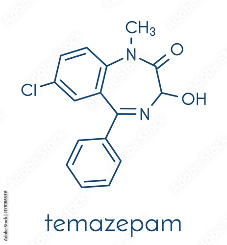 Temazepam benzodiazepine drug molecule. Used as hypnotic, anxiolytic and anticonvulsant drug. Skeletal formula.