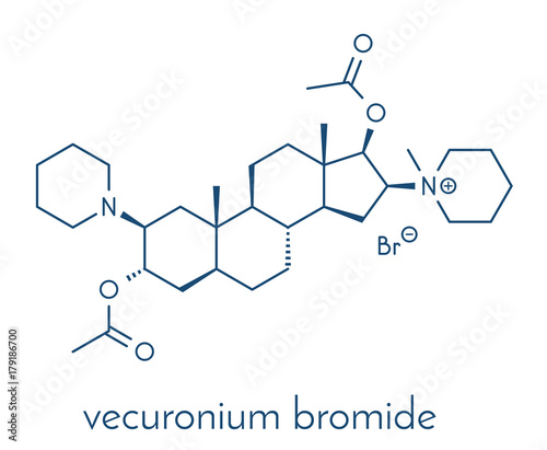 Vecuronium bromide muscle relaxant drug (paralyzing agent). Used in anesthesia but also in lethal injection cocktails. Skeletal formula.