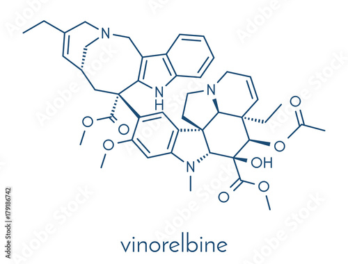 Vinorelbine (NVB) cancer chemotherapy drug molecule. Skeletal formula.