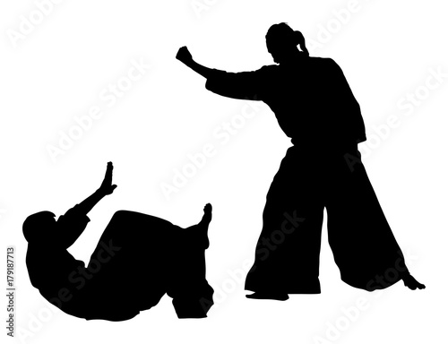 Fight between two aikido fighters vector silhouette symbol illustration. Sparring on training action. Self defense, defence art excercising concept.