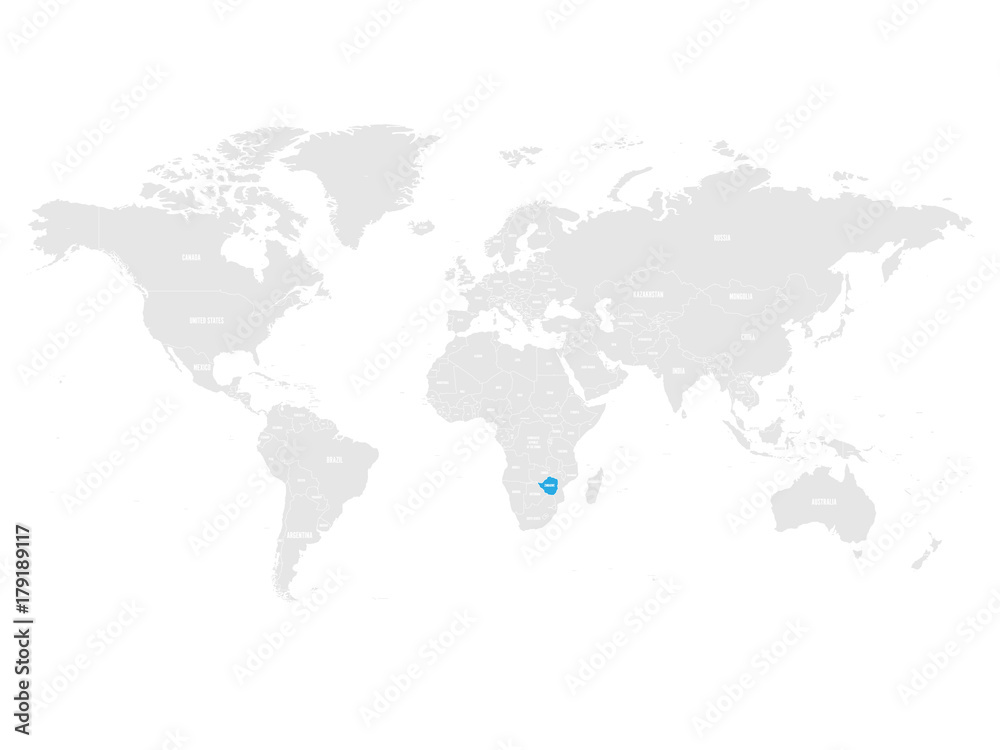 Zimbabwe marked by blue in grey World political map. Vector illustration.