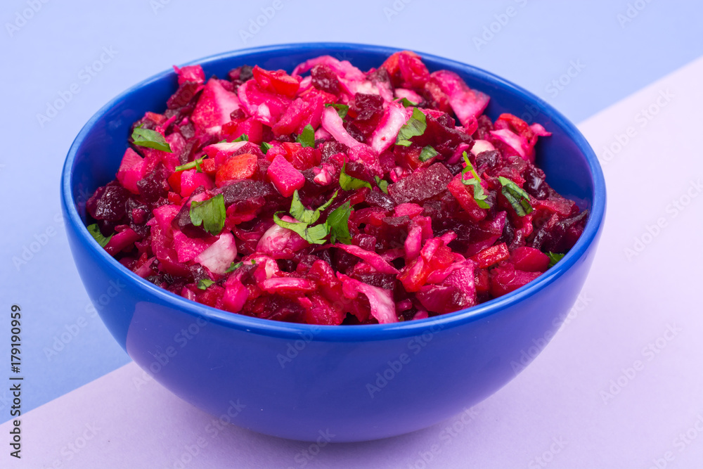 Vegetarian menu. Beetroot salad from boiled vegetables Vegetarian menu. Beetroot salad from boiled vegetables