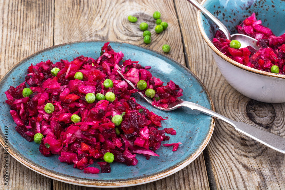 Vinaigrette salad with beets, potatoes, carrots and peas Vinaigrette salad with beets, potatoes, carrots and peas