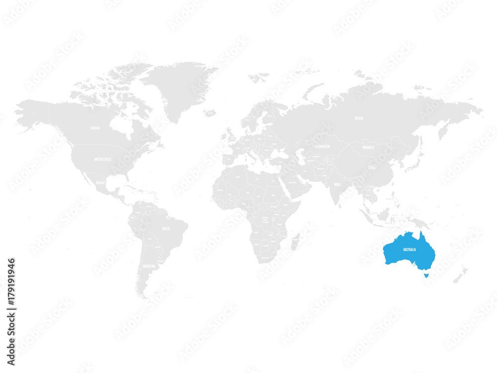 Australia marked by blue in grey World political map. Vector illustration.