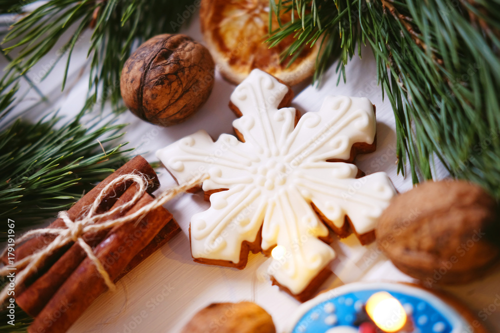Gingerbread cookies with frosting decorated for Christmas