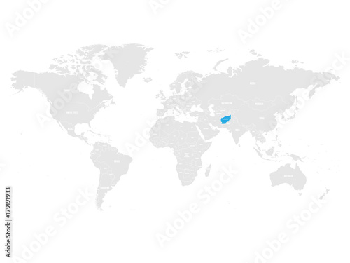 Afghanistan marked by blue in grey World political map. Vector illustration.