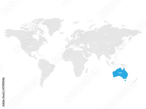 Australia marked by blue in grey World political map. Vector illustration.