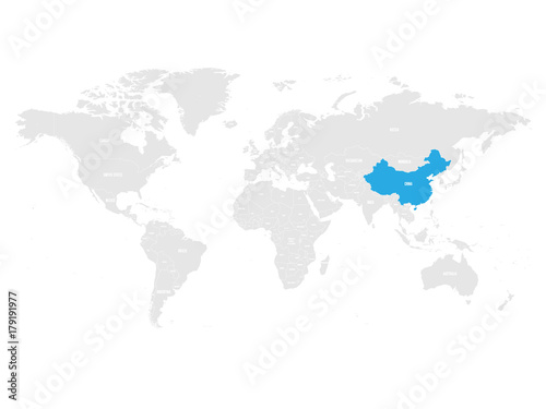 China marked by blue in grey World political map. Vector illustration.