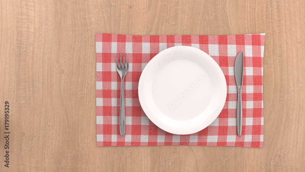 Plate and cutlery over red seamless tablecloth - Top view (3D rendered) #6 Plate and cutlery over red seamless tablecloth - Top view (3D rendered) #6