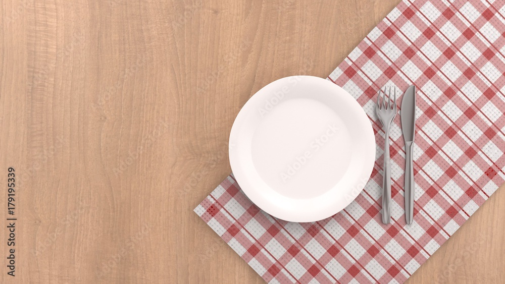 Plate and cutlery over red seamless tablecloth - Top view (3D rendered) Plate and cutlery over red seamless tablecloth - Top view (3D rendered)