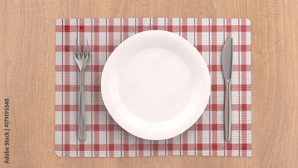 Plate and cutlery over red tablecloth - Top view (3D rendered) #4 Plate and cutlery over red tablecloth - Top view (3D rendered) #4
