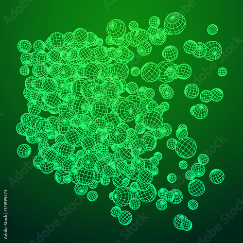 Wireframe Mesh Flow with many small spheres rotate and spin. Connection Structure. Digital Data Visualization Concept. Vector Illustration.