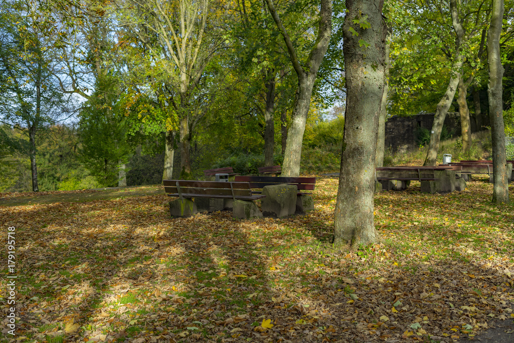 Autumn View of a park bench near Kaiser Wilhelm Memorial in Hohensyburg