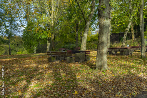 Autumn View of a park bench near Kaiser Wilhelm Memorial in Hohensyburg