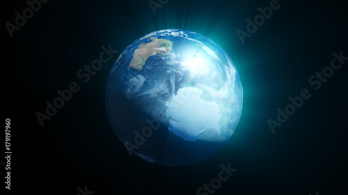 Planet earth with shine effect on black background. 3d rendering