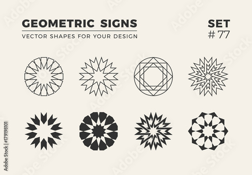 Set of eight minimalistic trendy shapes. Stylish vector logo emblems for Your design. Simple geometric signs collection.