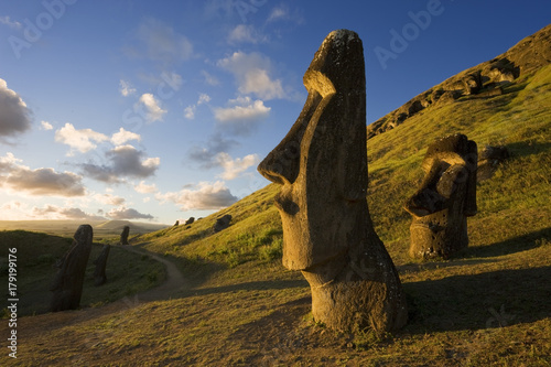 South America, Chile, Rapa Nui, Easter Island, giant monolithic stone Maoi statues at Rano Raraku photo