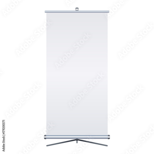 Blank roll-up banner isolated on white background. Design template blank for designers. Flipchart for training or promotional presentation. Vertical. Vector illustration EPS 10