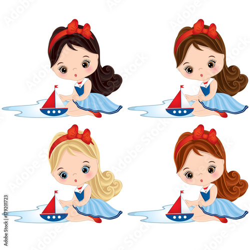Vector Cute Little Girls Dressed in Nautical Style with Toy Ships