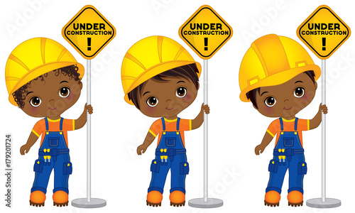 Vector Cute Little African American Boys Holding the Signs - Under Construction